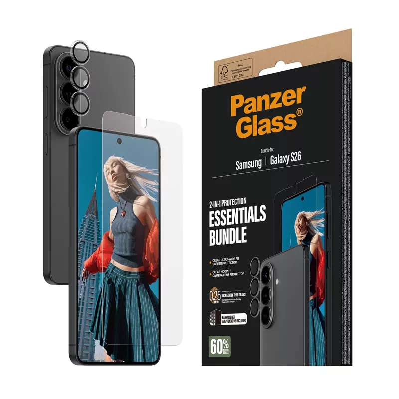PanzerGlass ekrāna aizsarga komplekts Samsung Galaxy S26 — Hoops 2-in-1 Ultra-Wide Fit, rūdīta stikla + PET/silikona slāņi