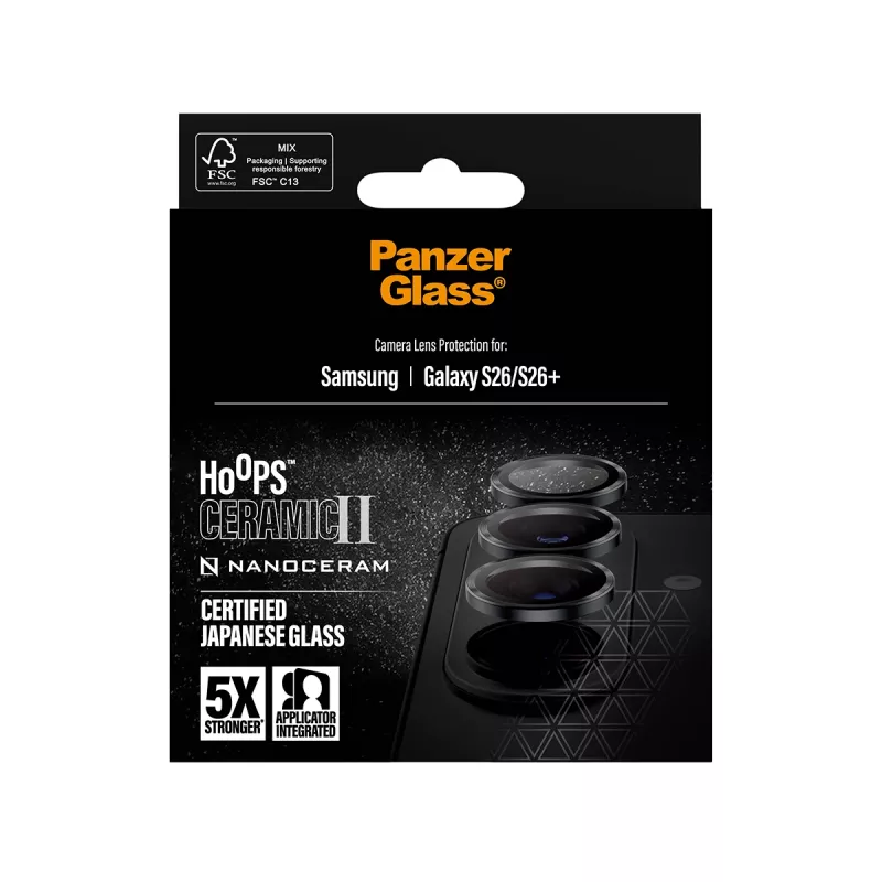 Kameras objektīva aizsargs PanzerGlass Hoops Ceramic II Samsung Galaxy S26 / S26+, rūdīts stikls, silikons, caurspīdīgs
