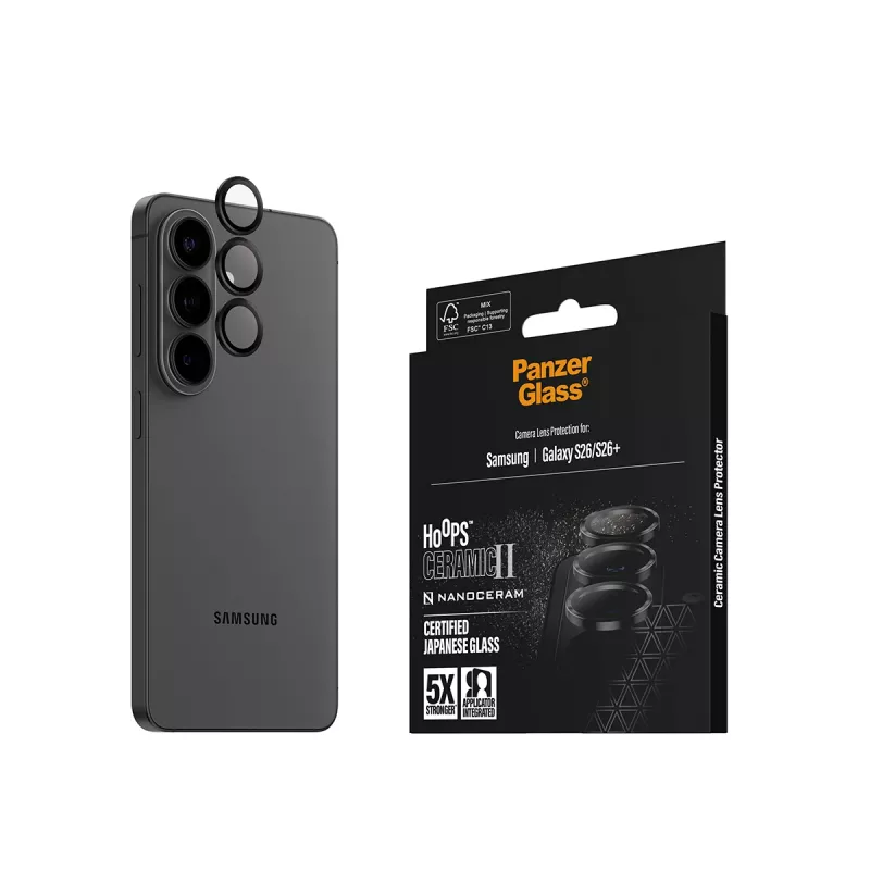 Kameras objektīva aizsargs PanzerGlass Hoops Ceramic II Samsung Galaxy S26 / S26+, rūdīts stikls, silikons, caurspīdīgs