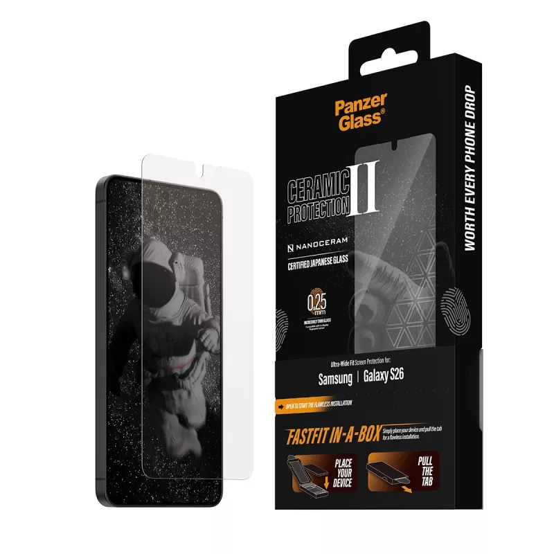 Ekrāna aizsargs PanzerGlass Samsung Galaxy S26 — Keramikas rūdītais stikls, Ultra-Wide Fit, FASTFIT, caurspīdīgs