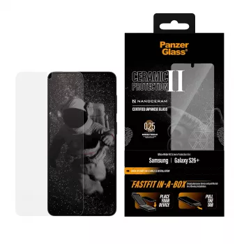 Ekrāna aizsargs PanzerGlass Samsung Galaxy S26+ — Ceramic Ultra-Wide Fit, rūdīts stikls PET, FASTFIT