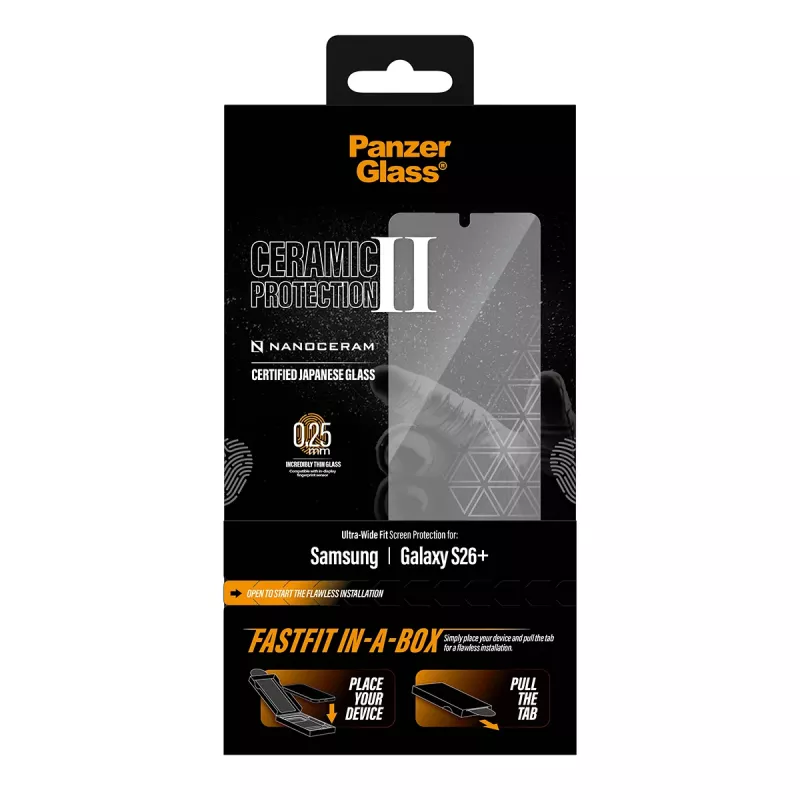 Ekrāna aizsargs PanzerGlass Samsung Galaxy S26+ — Ceramic Ultra-Wide Fit, rūdīts stikls PET, FASTFIT