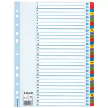 Esselte Index 1-31 Cardboard Mylar tabs A4, Numeric tab index, Carton, Multicolour, A4, 225 mm, 297 mm