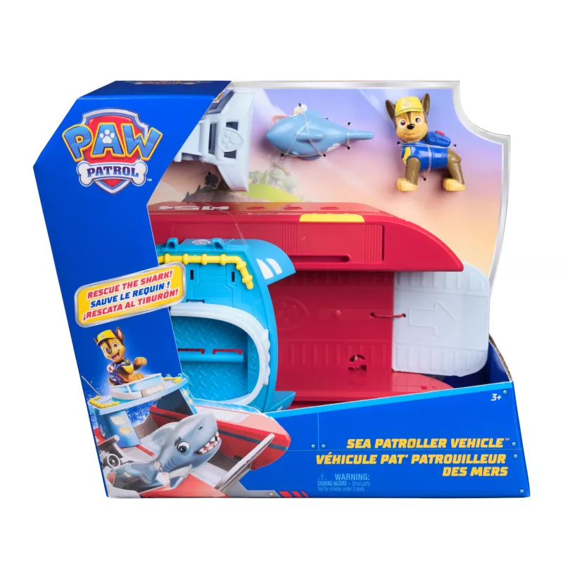 PAW Patrol Sea Patroller transportlīdzeklis ar Čeisu un haizivs figūriņu, 2 patruļas režīmi, bērnu rotaļlietas zēniem un meitenēm no 3 gadu vecuma