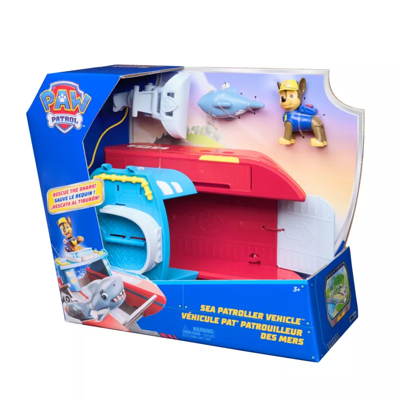 PAW Patrol Sea Patroller transportlīdzeklis ar Čeisu un haizivs figūriņu, 2 patruļas režīmi, bērnu rotaļlietas zēniem un meitenēm no 3 gadu vecuma