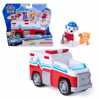 PAW Patrol : Search & Rescue, Marshall Rescue Responder Vehicle ar 2 figūriņām, rotaļu kravas automašīna ar atvilkšanas un palaišanas darbību, bērnu rotaļlietas zēniem un meitenēm no 3 gadu vecuma