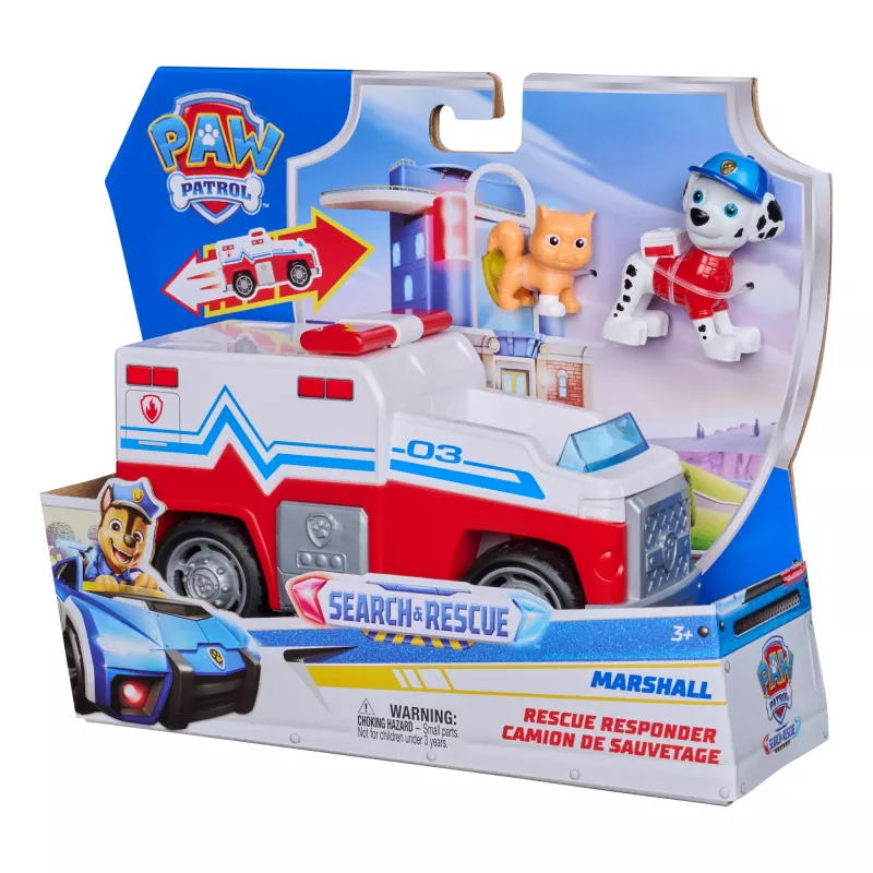 PAW Patrol : Search & Rescue, Marshall Rescue Responder Vehicle ar 2 figūriņām, rotaļu kravas automašīna ar atvilkšanas un palaišanas darbību, bērnu rotaļlietas zēniem un meitenēm no 3 gadu vecuma