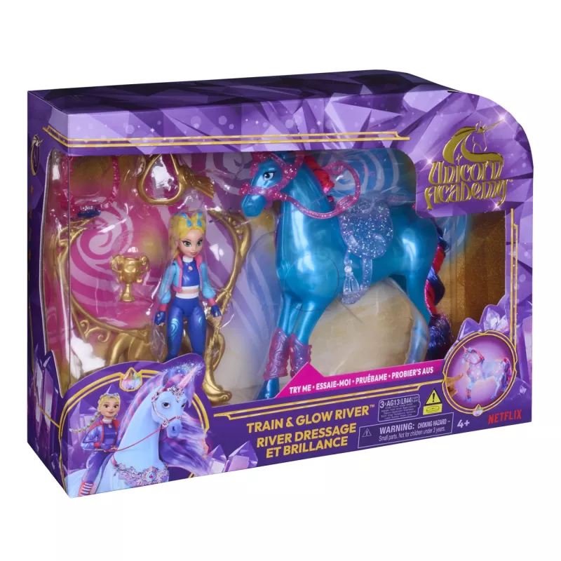 Unicorn Academy, Train & Glow Light-up River Unicorn ar Isabel, Lieldienu dāvanu ideja, lelles un vienradžu rotaļlietas meitenēm, ietver 3 treniņu piederumus