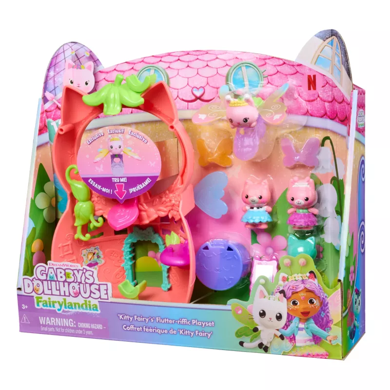 Gabby's Dollhouse Fairylandia, Kitty Fairy’s Flutter-riffic Playset ar 12 daļām un ekskluzīvu Flutter-riffic gredzenu, bērnu rotaļlietas meitenēm un zēniem no 3 gadu vecuma