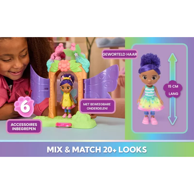 Gabby's Dollhouse Fairylandia, Burvju atklāšanas rotaļu komplekts ar pārveidošanās funkciju un leļļu mājas aksesuāriem, rotaļlietas meitenēm un zēniem no 3 gadu vecuma