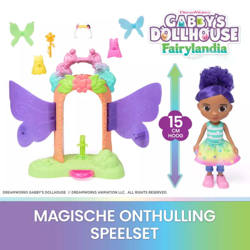 Gabby's Dollhouse Fairylandia, Burvju atklāšanas rotaļu komplekts ar pārveidošanās funkciju un leļļu mājas aksesuāriem, rotaļlietas meitenēm un zēniem no 3 gadu vecuma