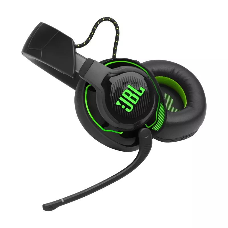 JBL Quantum 910X austiņas ar vadu un bezvadu savienojumu, galvas lentes tipa, spēlēm, USB Type-C, Bluetooth, melnas, zaļas