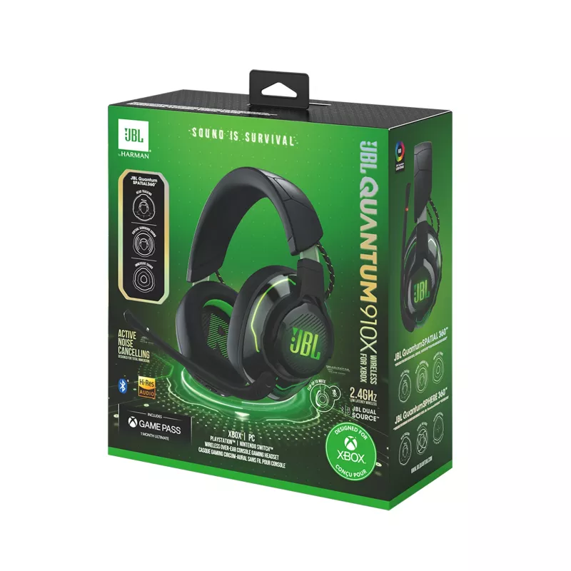 JBL Quantum 910X austiņas ar vadu un bezvadu savienojumu, galvas lentes tipa, spēlēm, USB Type-C, Bluetooth, melnas, zaļas