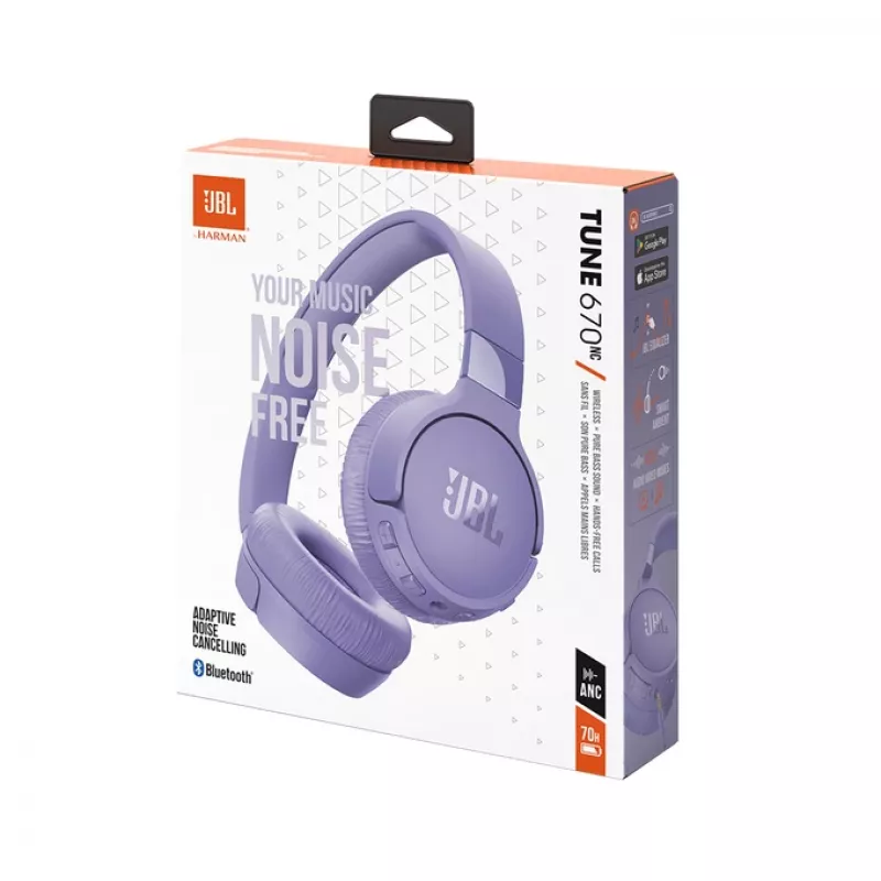 JBL Tune 670 NC austiņas ar vadu un bezvadu savienojumu, galvas stīpa, zvaniem/mūzikai, USB Type-C, Bluetooth, violetas