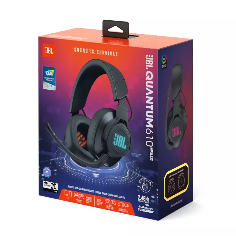 JBL Quantum 610 Wireless austiņas, vadu un bezvadu, galvas lentes, spēlēm, USB Type-C, melnas