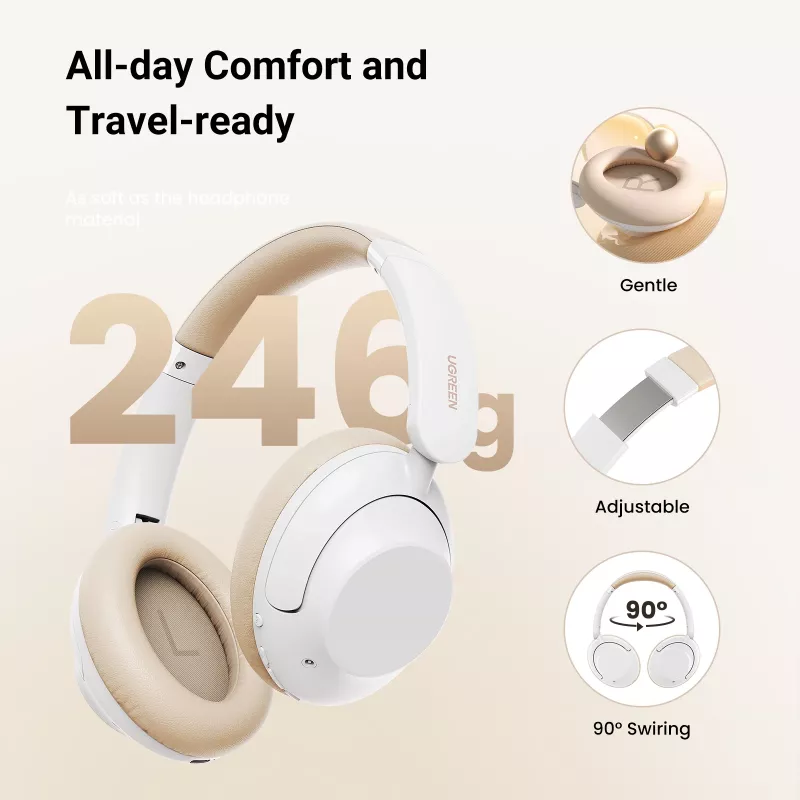 Ugreen HiTune Max5 austiņas ar vadu un bezvadu savienojumu, galvas lentes, zvani/mūzika, Bluetooth, baltas