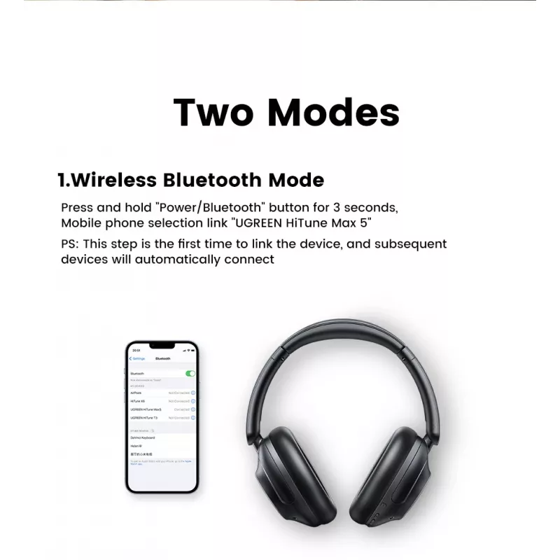 Ugreen HiTune Max5 austiņas ar vadu un bezvadu tehnoloģiju galvas lentes lietošanai zvaniem un mūzikai Bluetooth, melnas