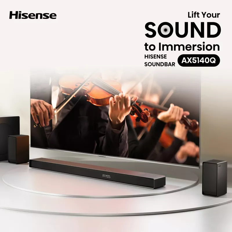Soundbar Hisense AX5140Q 5.1.4 Dolby Atmos, 600 W RMS, bezvadu zemfrekvenču skaļrunis 280 W, melns