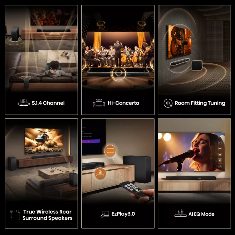 Soundbar Hisense AX5140Q 5.1.4 Dolby Atmos, 600 W RMS, bezvadu zemfrekvenču skaļrunis 280 W, melns