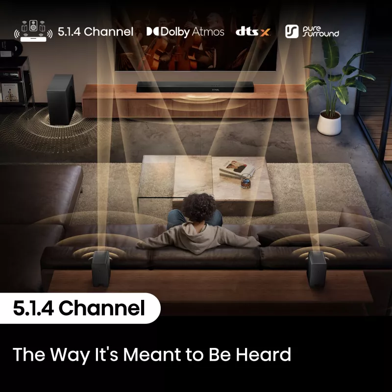 Soundbar Hisense AX5140Q 5.1.4 Dolby Atmos, 600 W RMS, bezvadu zemfrekvenču skaļrunis 280 W, melns