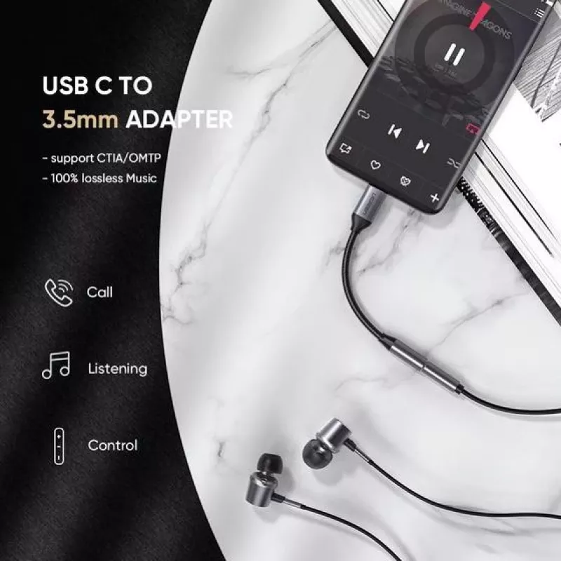 Mobilā tālruņa kabelis Ugreen 30632 USB C uz 3,5 mm, melns
