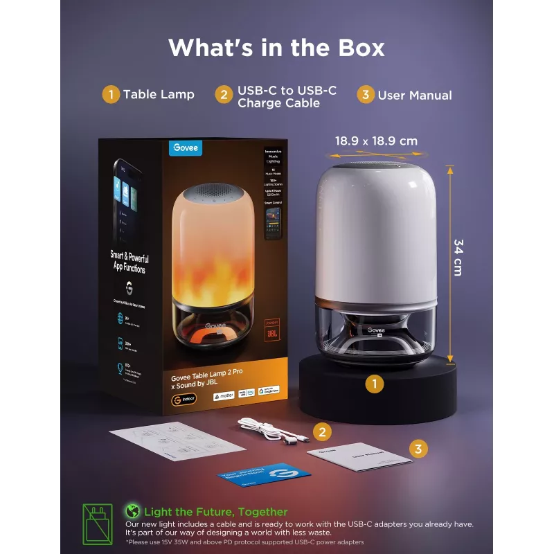 Galda lampa Govee H6020 Table Lamp 2 Pro Sound by JBL — RGBIC + silti balta, 600 lm, Wi‑Fi & Bluetooth, 5200 mAh