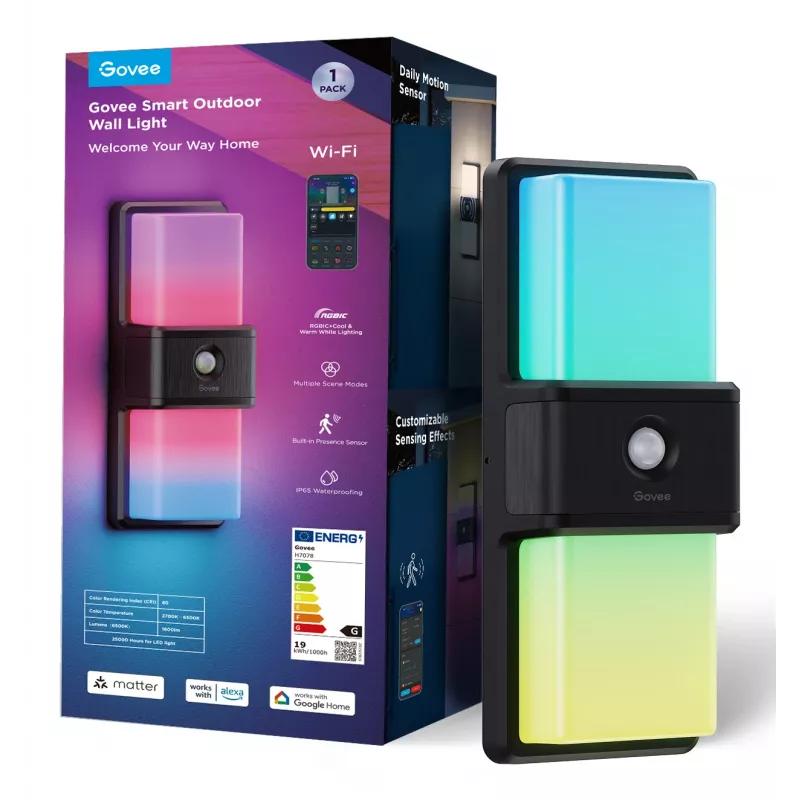 Āra sienas gaismeklis Govee H7078CD1 Smart RGB krāsu mainošs, Wi‑Fi/viedā vadība