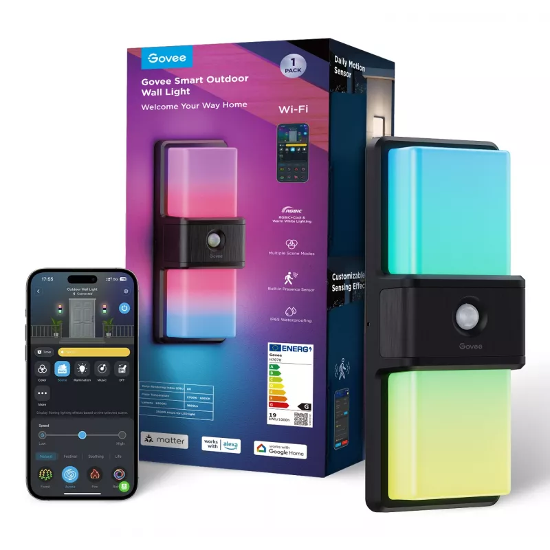 Āra sienas gaismeklis Govee H7078CD1 Smart RGB krāsu mainošs, Wi‑Fi/viedā vadība