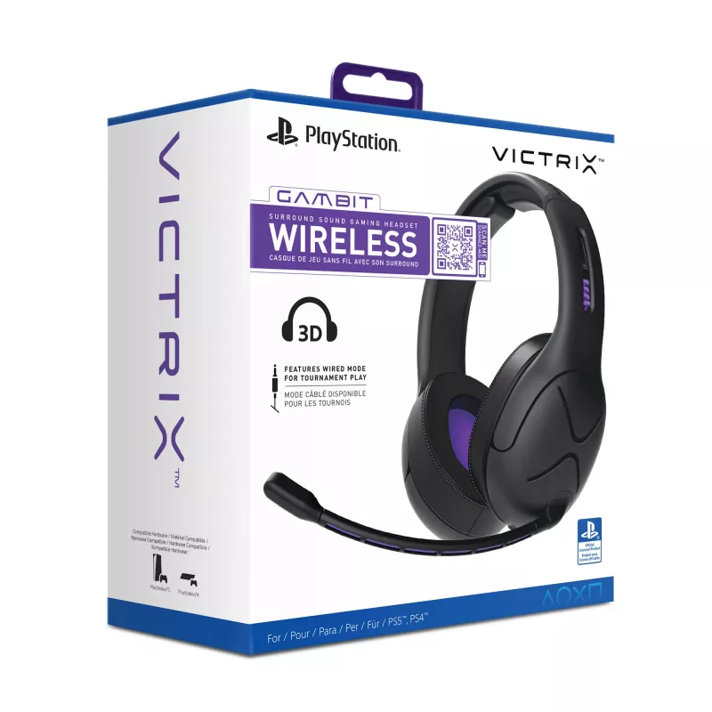 Austiņas VICTRIX Gambit Wireless — vadu un bezvadu, 20–20000 Hz, 2 m kabelis, 301 g, melnas/purpura