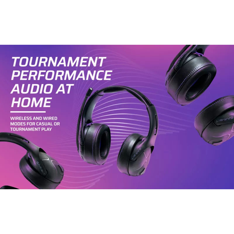 Austiņas VICTRIX Gambit Wireless — vadu un bezvadu, 20–20000 Hz, 2 m kabelis, 301 g, melnas/purpura