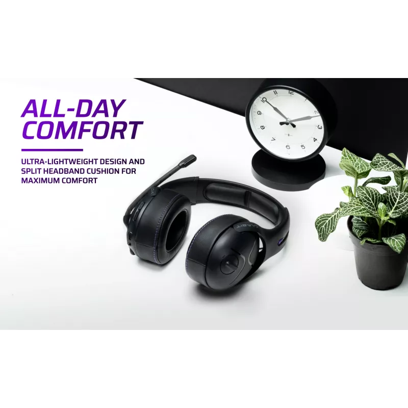 Austiņas VICTRIX Gambit Wireless — vadu un bezvadu, 20–20000 Hz, 2 m kabelis, 301 g, melnas/purpura