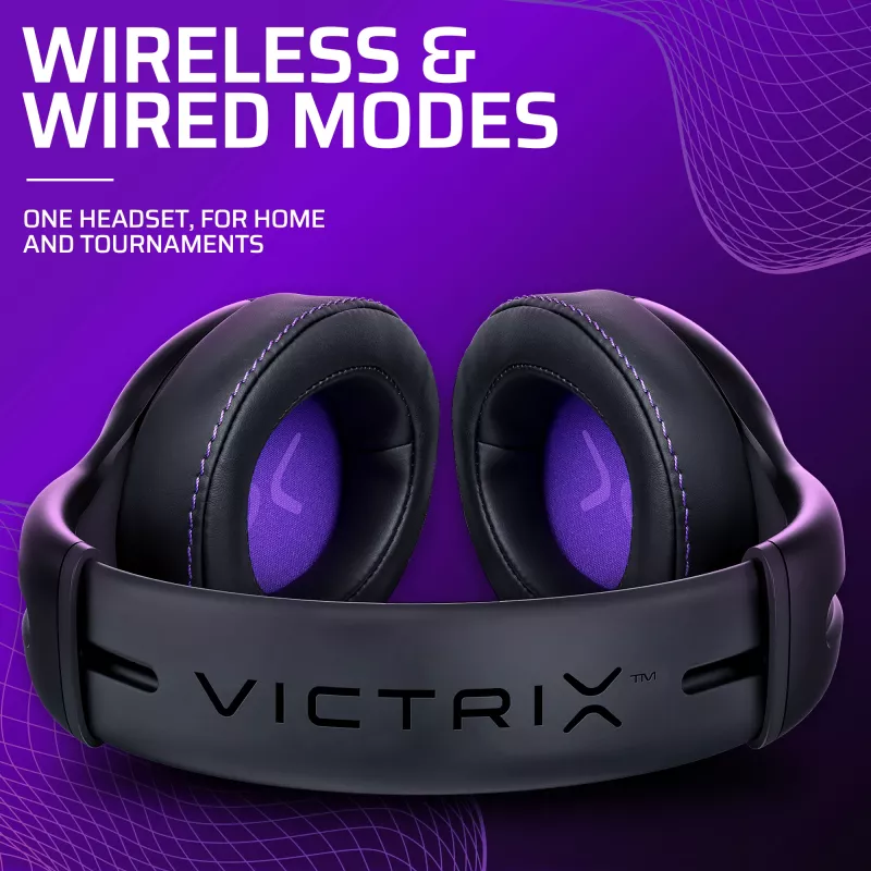 Austiņas VICTRIX Gambit Wireless — vadu un bezvadu, 20–20000 Hz, 2 m kabelis, 301 g, melnas/purpura