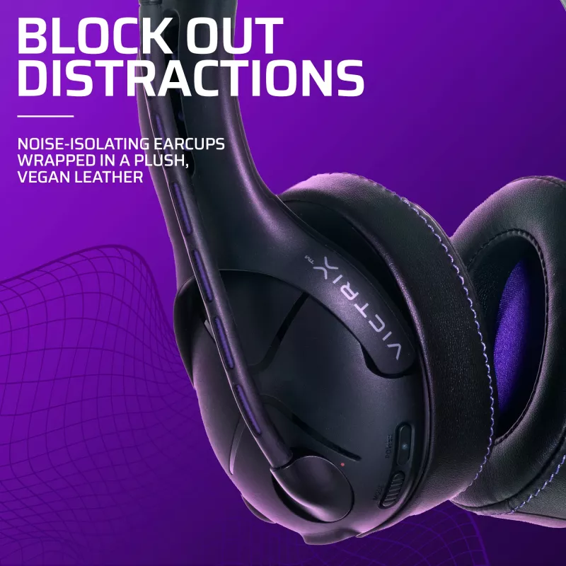 Austiņas VICTRIX Gambit Wireless — vadu un bezvadu, 20–20000 Hz, 2 m kabelis, 301 g, melnas/purpura