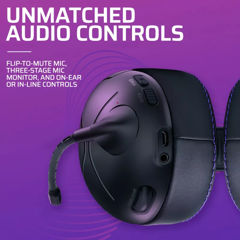 Austiņas VICTRIX Gambit Wireless — vadu un bezvadu, 20–20000 Hz, 2 m kabelis, 301 g, melnas/purpura