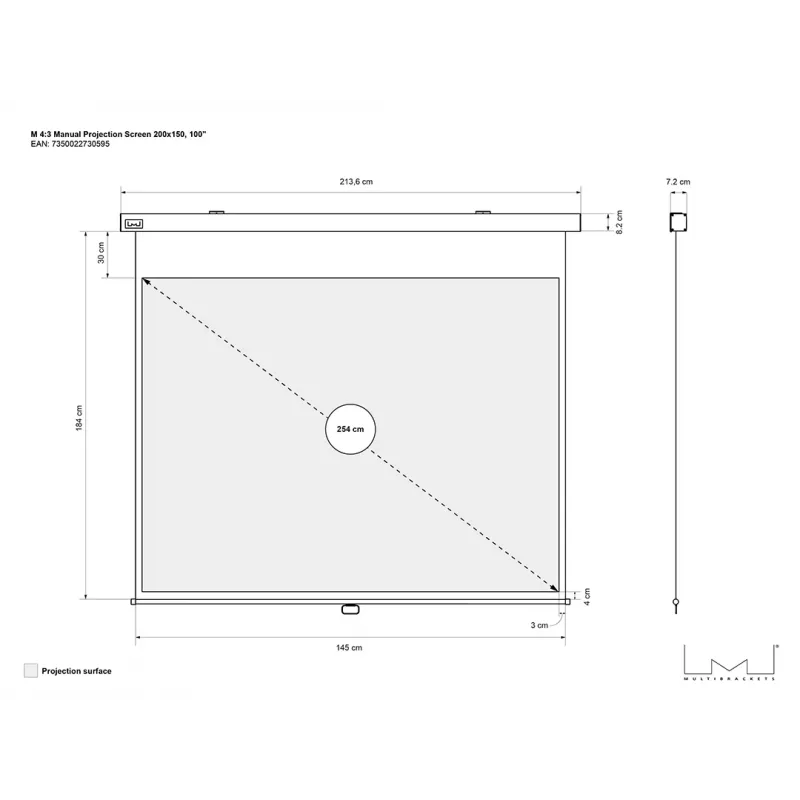 Multibrackets M 4:3 manuāls projekcijas ekrāns 200x150, 100 collas