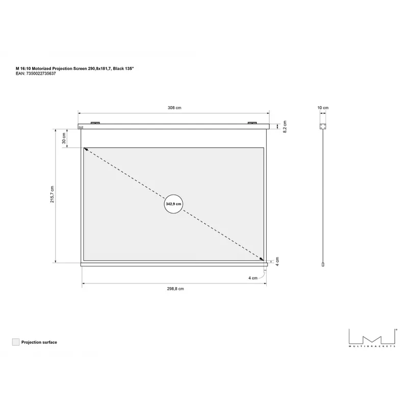 Motorizēts projekcijas ekrāns MULTIBRACKETS M 16:10 135 collas — matēti balts virsma, redzamais platums 2,91 m, motorizēta piedziņa