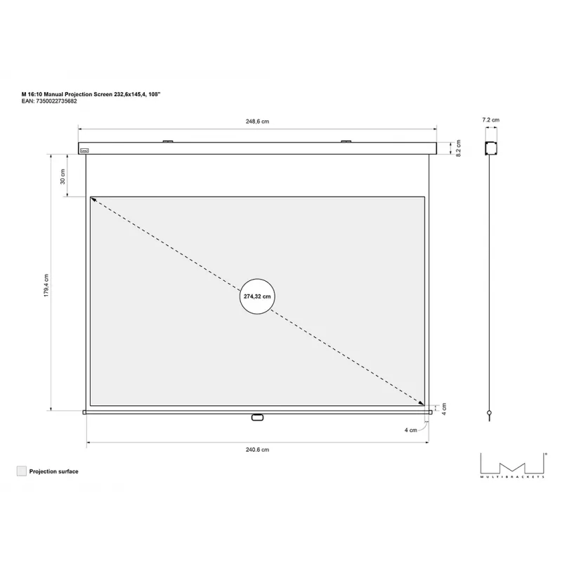 Multibrackets M 16:10 Manuālais projekcijas ekrāns 232,6x145,4, 108 collas
