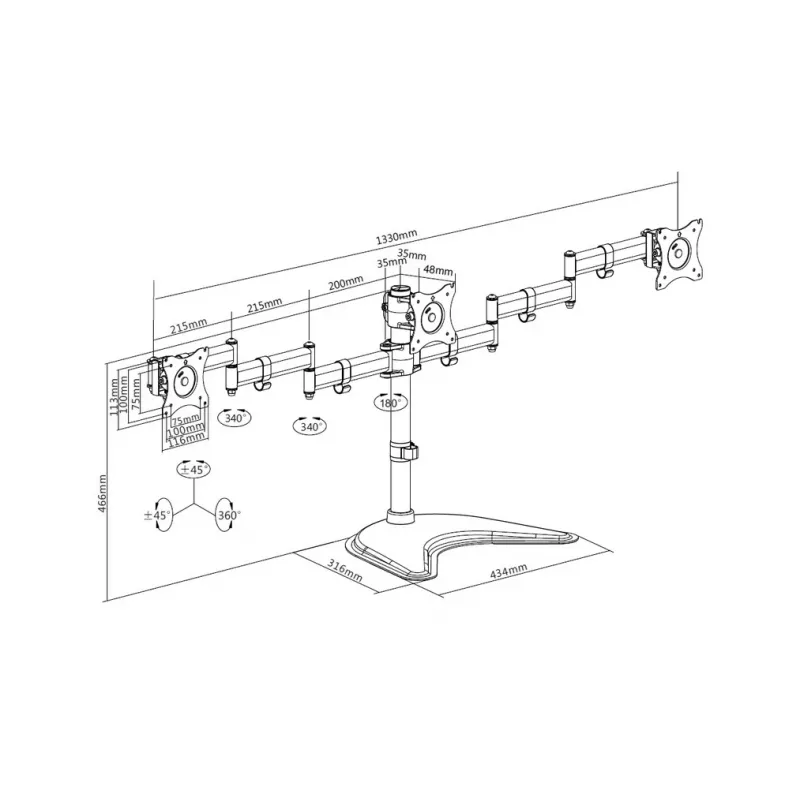 Monitora galda statīvs MULTIBRACKETS M Deskstand Basic Triple — 3 virzienu, VESA 75x75–100x100, balsta līdz 24 kg, 15 collu–27 collu ekrāniem, melns