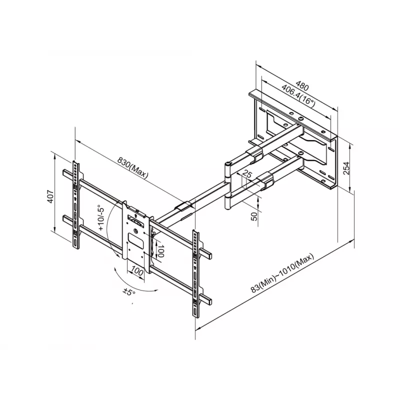 Multibrackets M Universal Long Reach Arm 1010mm HD Single 40kg 42-75 collu
