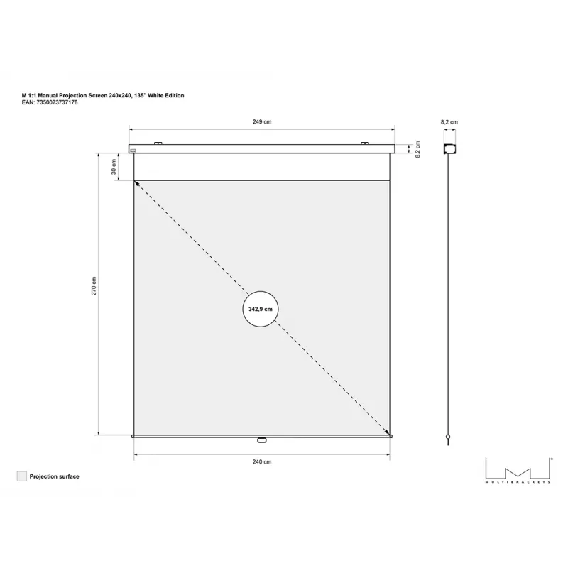 Multibrackets M 1:1 manuālais projekcijas ekrāns 240x240, 135 collu balta Edition