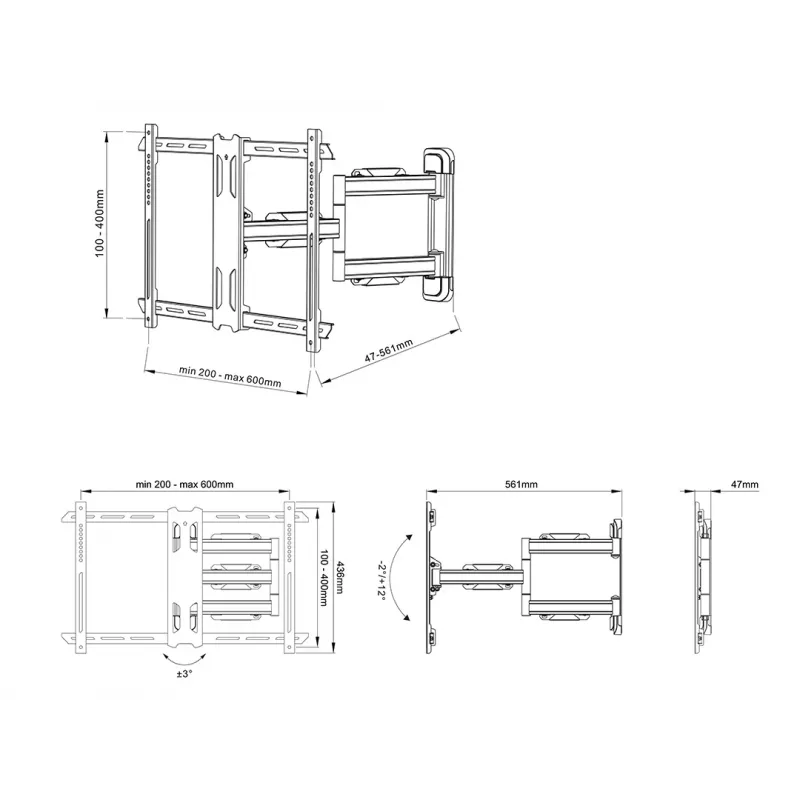 TV sienas stiprinājums Multibrackets M Universal Flexarm Pro Single Melns — 40 kg, VESA 200x200–600x400, 40 collas–70 collas