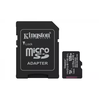 MicroSDXC zibatmiņas karte Kingston 128GB Industrial C10 A1 pSLC UHS-I, 100 MB/s lasīšana, 80 MB/s rakstīšana, V30/U3, melna + SD adapteris