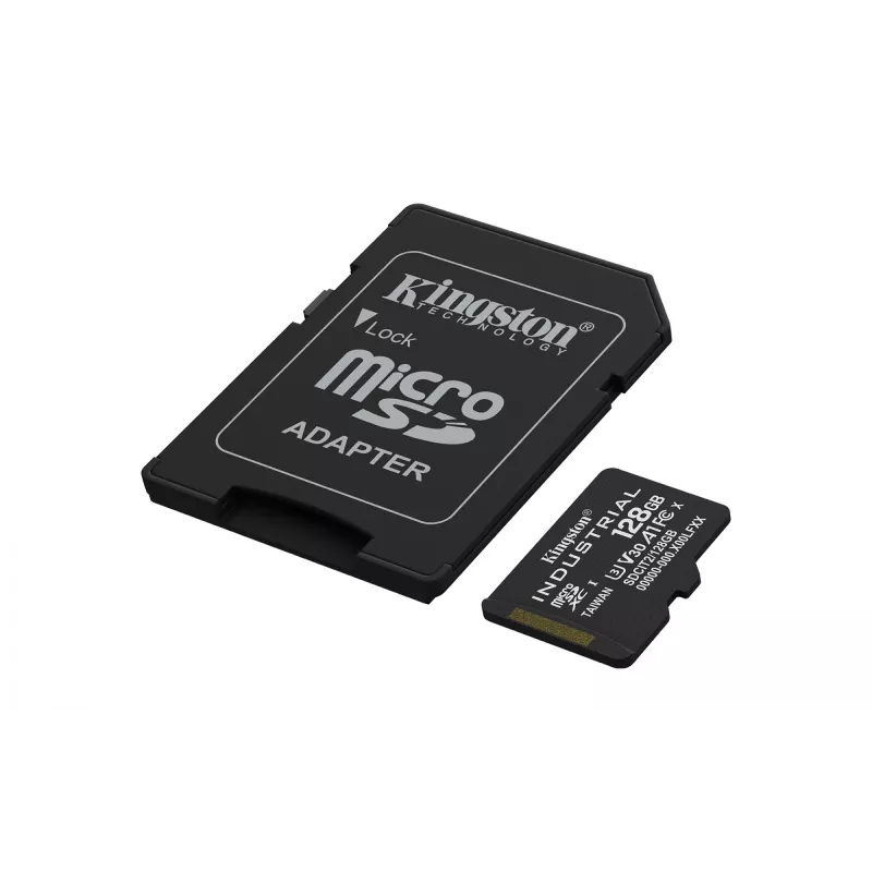 MicroSDXC zibatmiņas karte Kingston 128GB Industrial C10 A1 pSLC UHS-I, 100 MB/s lasīšana, 80 MB/s rakstīšana, V30/U3, melna + SD adapteris