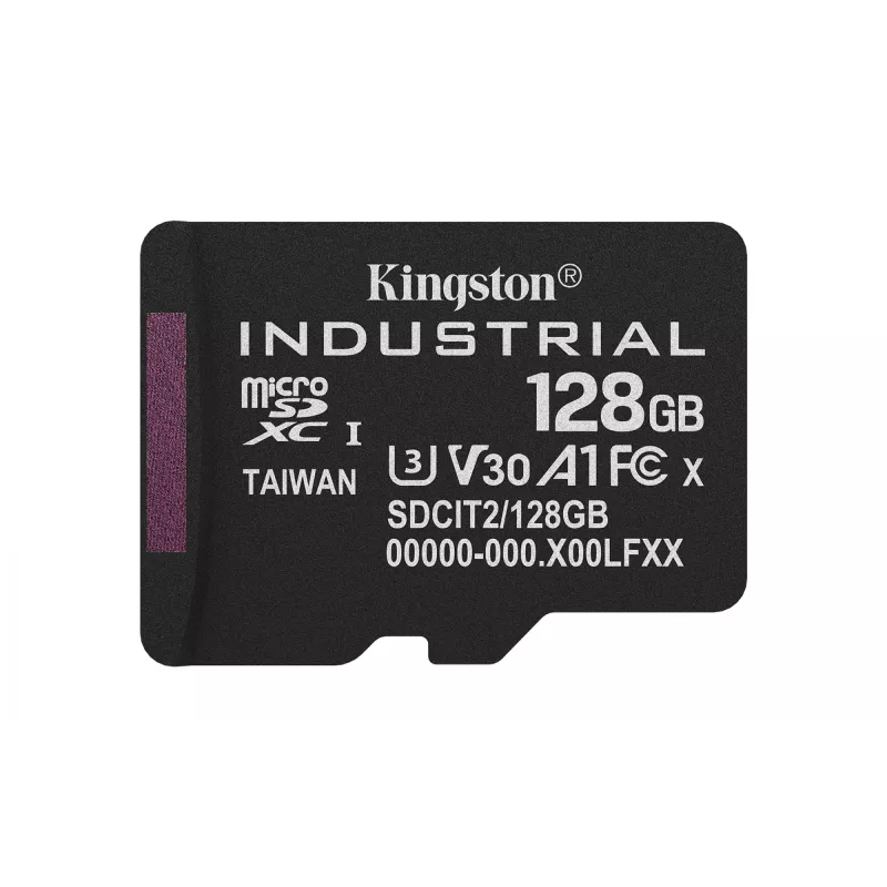 MicroSDXC zibatmiņas karte Kingston 128GB Industrial C10 A1 pSLC UHS-I, 100 MB/s lasīšana, 80 MB/s rakstīšana, V30/U3, melna + SD adapteris