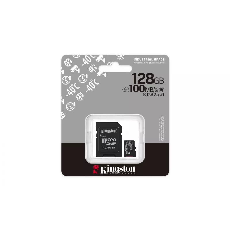 MicroSDXC zibatmiņas karte Kingston 128GB Industrial C10 A1 pSLC UHS-I, 100 MB/s lasīšana, 80 MB/s rakstīšana, V30/U3, melna + SD adapteris