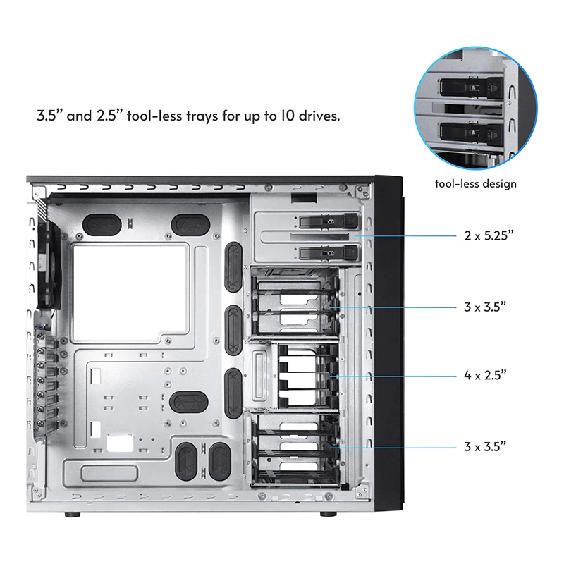 Datora korpuss CHIEFTEC BW-01B-OP Midi Tower ATX/ITX, balsta 6×3,5 collu + 4×2,5 collu, 2×5,25 collu, aizmugurē 1×120 mm, SGCC, melns, 200×510×465 mm