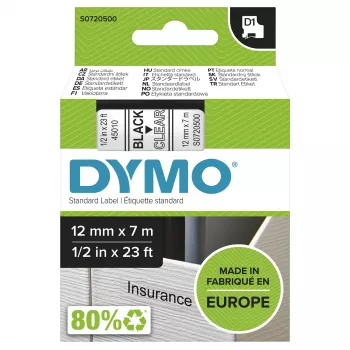 Autentiskas DYMO D1 uzlīmes | Melna druka uz caurspīdīgas lentes | 12 mm x 7 m | Pašlīmējošas uzlīmes LabelManager uzlīmju printeriem | Ražots Eiropā