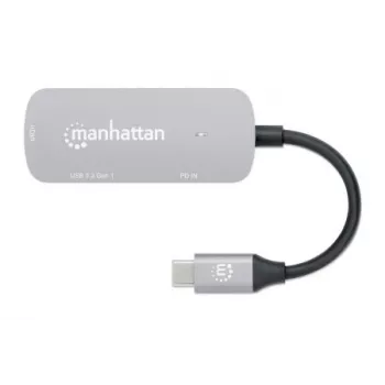 Manhattan USB-C dokstacija/sadalītājs, porti (x3): HDMI, USB-A un USB-C, ar strāvas padevi (PD) 100 W — nepieciešams ārējs USB-C lādētājs (nav iekļauts). USB barošana (nav nepieciešams ārējs barošanas avots), kad PD netiek izmantota, alumīnijs