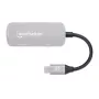 Manhattan USB-C dokstacija/sadalītājs, porti (x3): HDMI, USB-A un USB-C, ar strāvas padevi (PD) 100 W — nepieciešams ārējs USB-C lādētājs (nav iekļauts). USB barošana (nav nepieciešams ārējs barošanas avots), kad PD netiek izmantota, alumīnijs