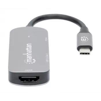 Manhattan USB-C dokstacija/sadalītājs, porti (x3): HDMI, USB-A un USB-C, ar strāvas padevi (PD) 100 W — nepieciešams ārējs USB-C lādētājs (nav iekļauts). USB barošana (nav nepieciešams ārējs barošanas avots), kad PD netiek izmantota, alumīnijs